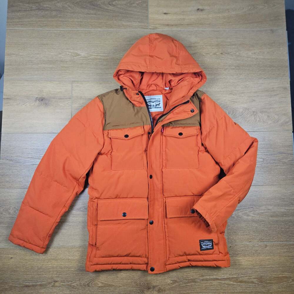 ​Levi’s Mens Western Yoke Hooded Puffer Jacket Orange Brown Size S Parka Coat